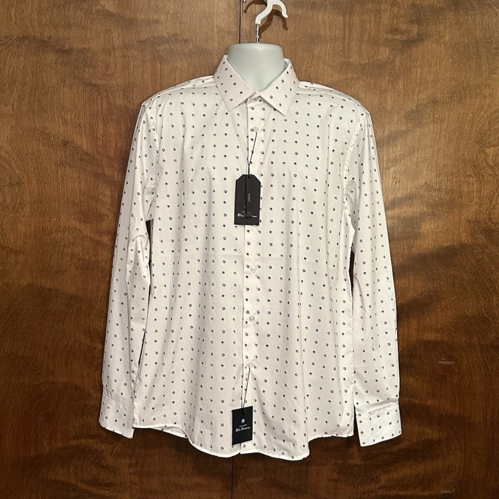 Ben Sherman Long Sleeve Slim Fit Dress Shirt Mens L 16-16.5 34/35 White & Blue